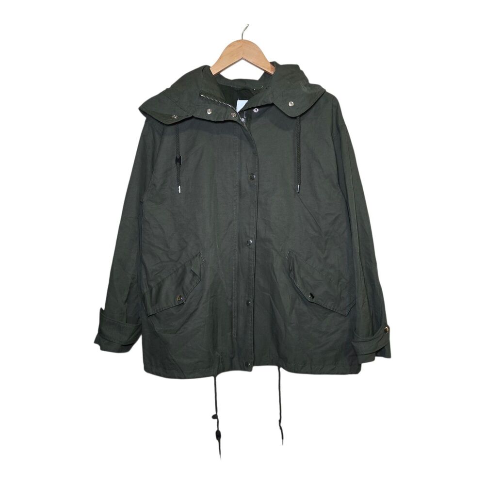 H&M Women’s Army Green Hooded Parka Jacket Size US 10 Zip Up/ Drawstring Waist